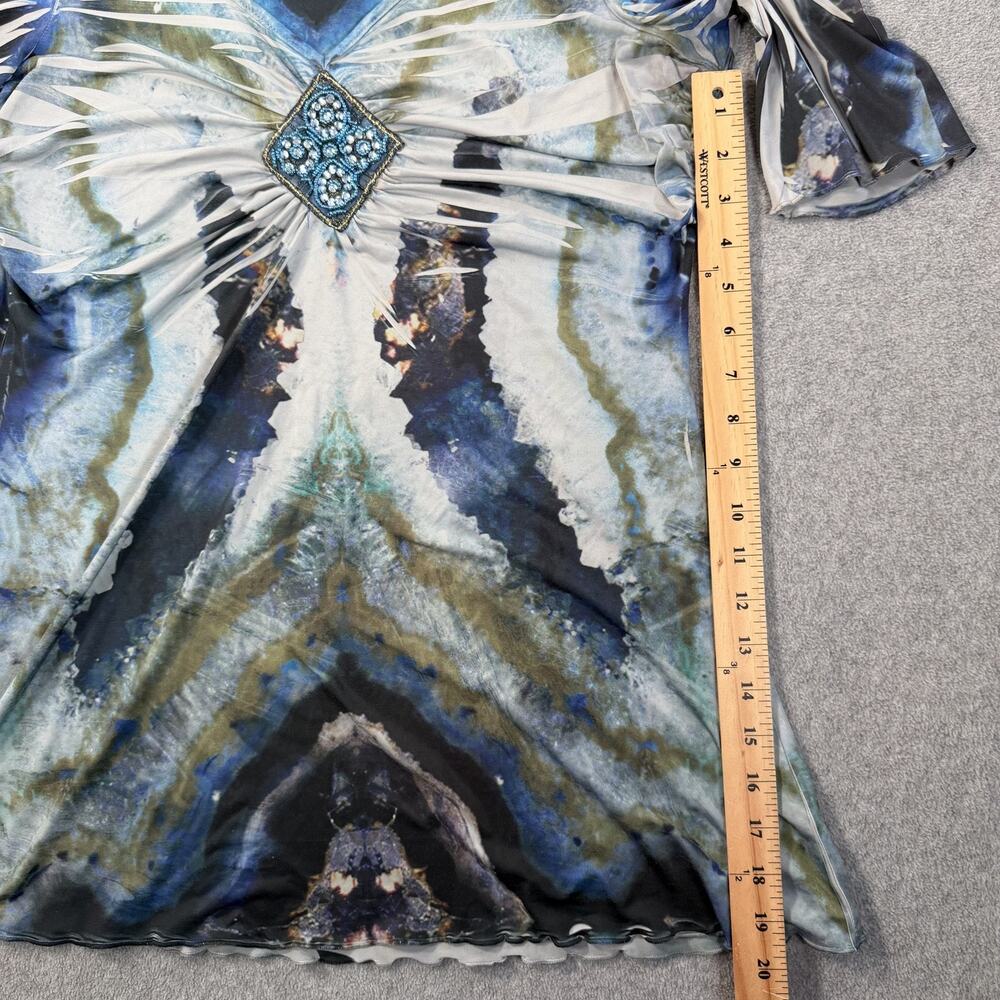 Oneworld Women's Large Blue Green Abstract Beaded Ruched V-Neck Tunic Top - Picture 7 of 10